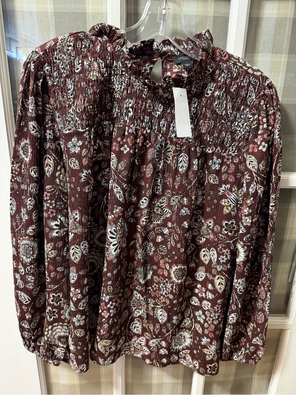 Ann Taylor Burgundy Floral Smocked Yoke Blouse